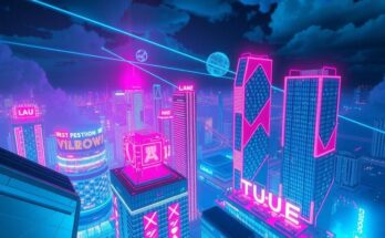 A vibrant cityscape at night with neon lights, depicting an open-world video game landscape for online play.
