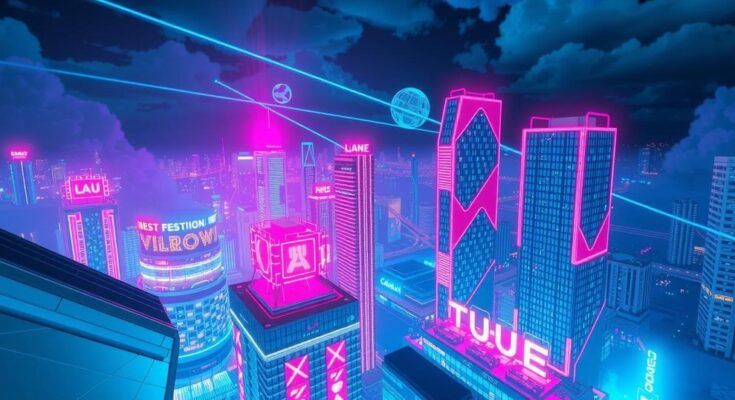 A vibrant cityscape at night with neon lights, depicting an open-world video game landscape for online play.