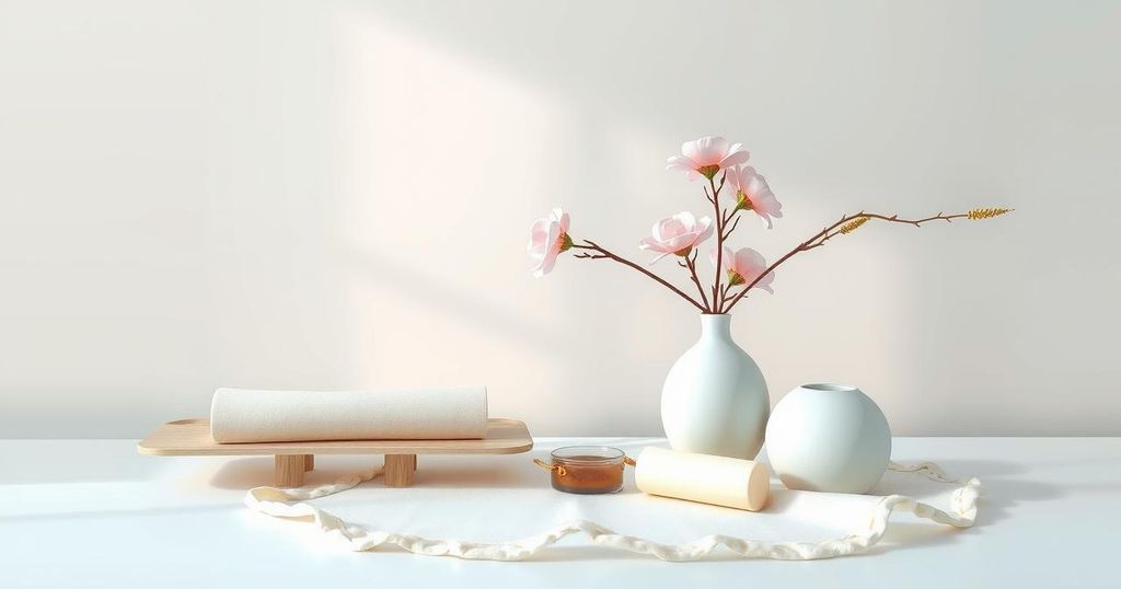 Elegant still life representing simplicity and reflection with a serene colour palette in soft pastels.