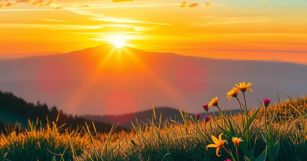 A serene landscape with a horizon and distant mountains under a golden sunset, conveying dreams and possibilities.