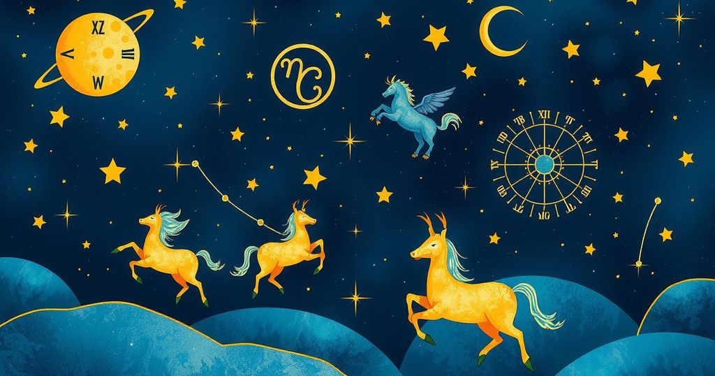 Vibrant cosmic design showcasing zodiac symbols and constellations, blending blue and gold colours for a celestial feel.