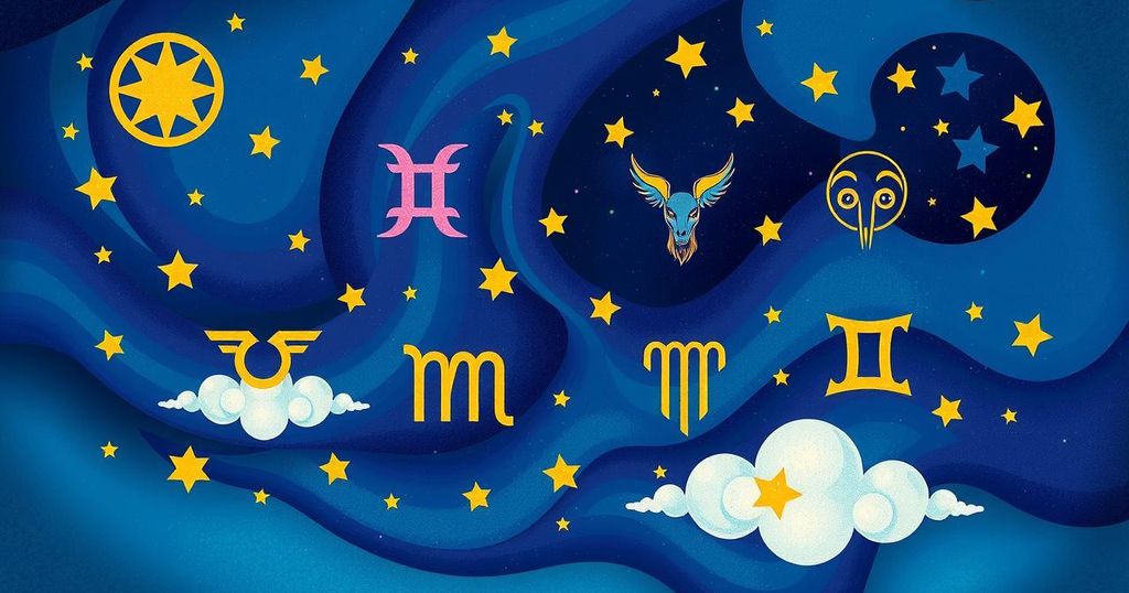 Astrological symbols representing horoscope signs on a colourful celestial background.
