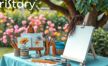 Creative and relaxed atmosphere with artistic tools and nature's beauty for horoscope-inspired artistic activities.