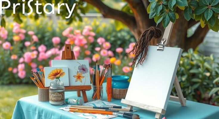 Creative and relaxed atmosphere with artistic tools and nature's beauty for horoscope-inspired artistic activities.
