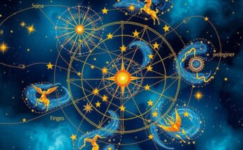 A celestial chart depicting astrological signs in vibrant hues of blue and gold, symbolising cosmic influences.