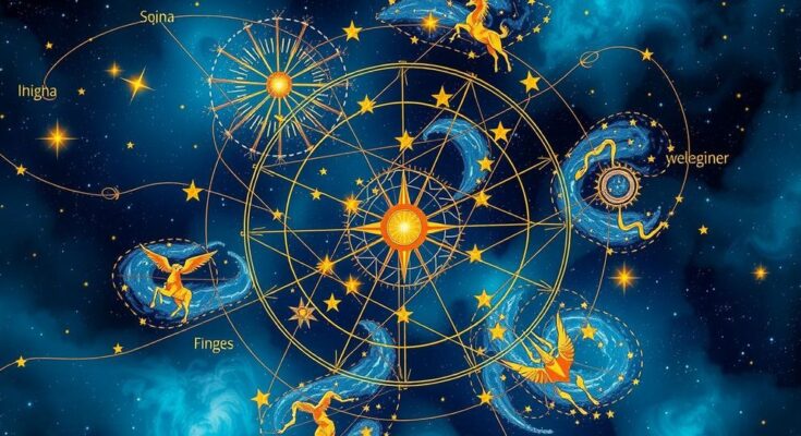 A celestial chart depicting astrological signs in vibrant hues of blue and gold, symbolising cosmic influences.