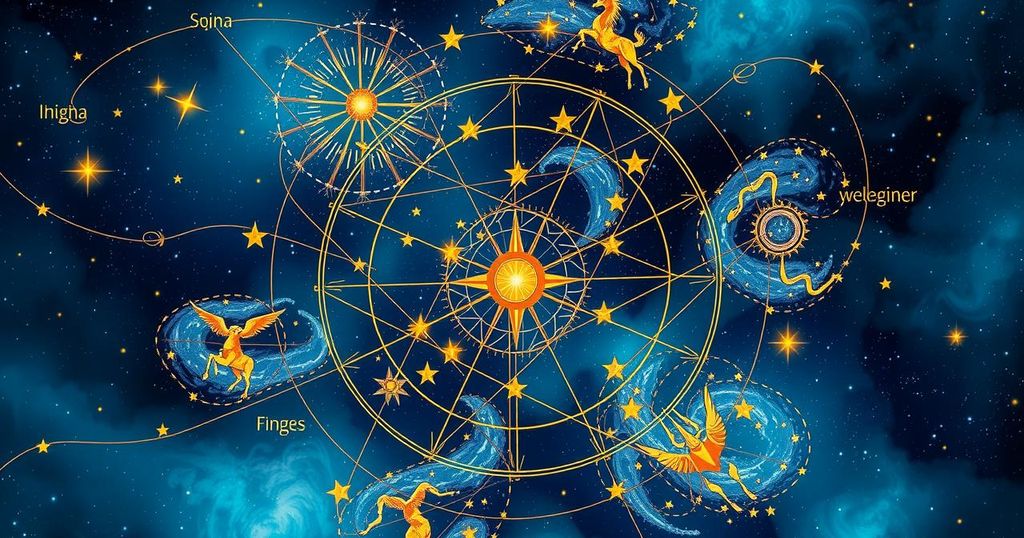 A celestial chart depicting astrological signs in vibrant hues of blue and gold, symbolising cosmic influences.