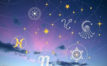 A cosmic scene featuring stars, zodiac symbols, and a dreamy colour palette, reflecting astrological themes.