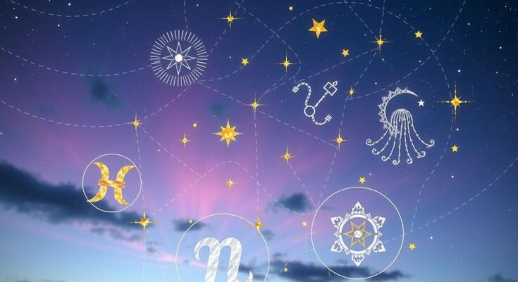A cosmic scene featuring stars, zodiac symbols, and a dreamy colour palette, reflecting astrological themes.