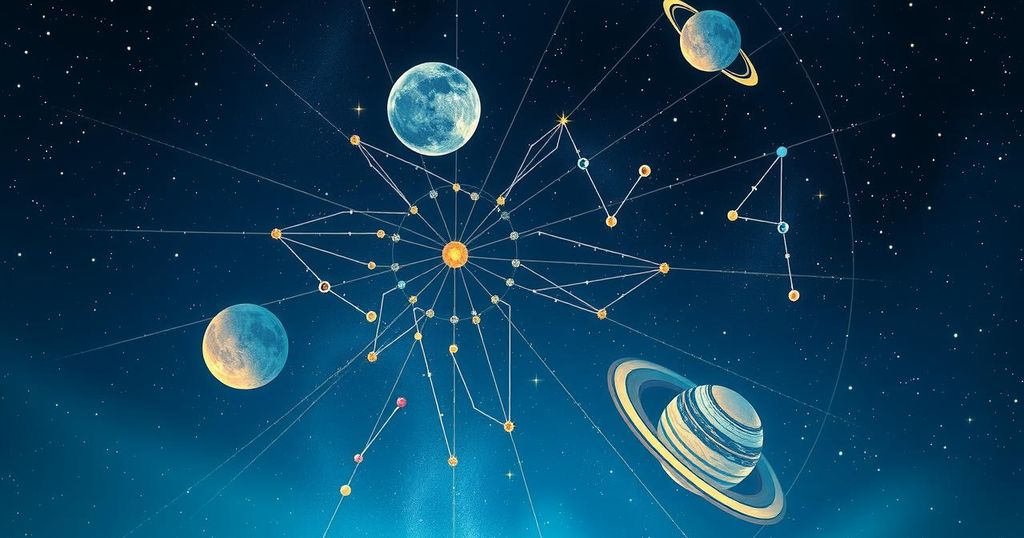 A celestial scene featuring constellations and planets with a cosmic background, representing astrology and good fortunes.
