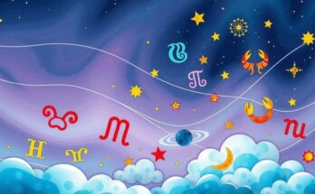 A cosmic scene with astrological symbols in a dreamlike landscape, featuring vibrant Aries and soothing Cancer colours.