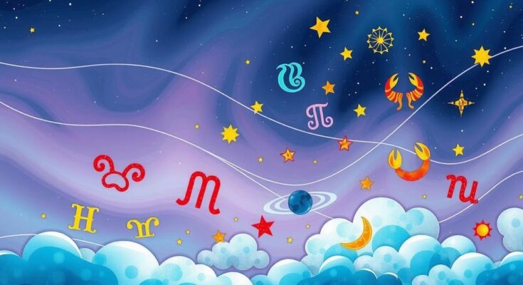 A cosmic scene with astrological symbols in a dreamlike landscape, featuring vibrant Aries and soothing Cancer colours.
