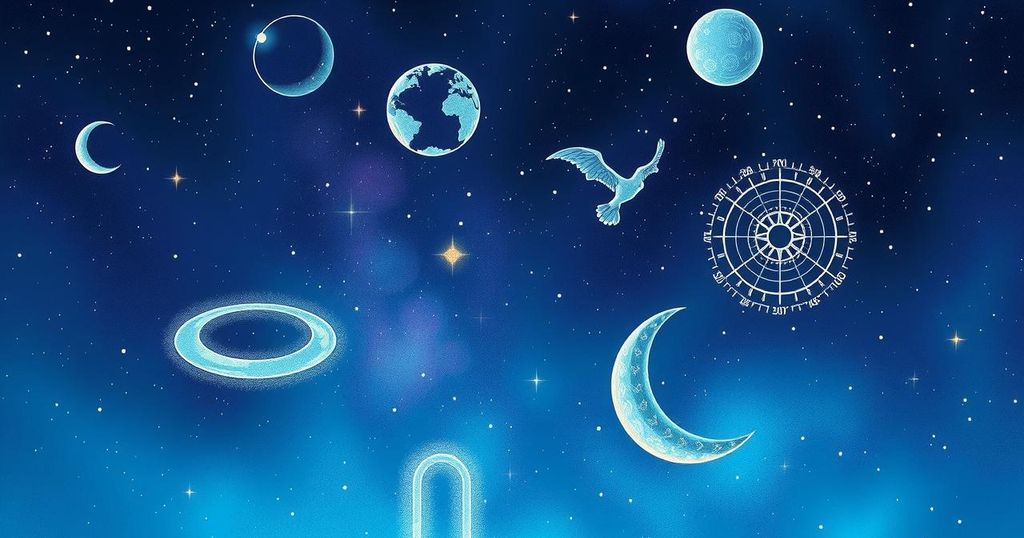 Astrological symbols against a starry night sky with soft cosmic colours, representing daily horoscopes and astrology.