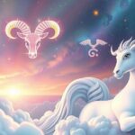 Celestial illustration with Taurus symbol and airy Gemini sign in soft pastels, depicting a cosmic theme of evolution.