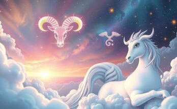 Celestial illustration with Taurus symbol and airy Gemini sign in soft pastels, depicting a cosmic theme of evolution.
