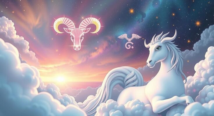 Celestial illustration with Taurus symbol and airy Gemini sign in soft pastels, depicting a cosmic theme of evolution.