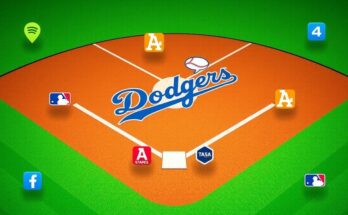 Illustration of a baseball field with Dodgers team branding and streaming icons, in a vibrant colour palette