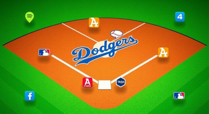 Illustration of a baseball field with Dodgers team branding and streaming icons, in a vibrant colour palette