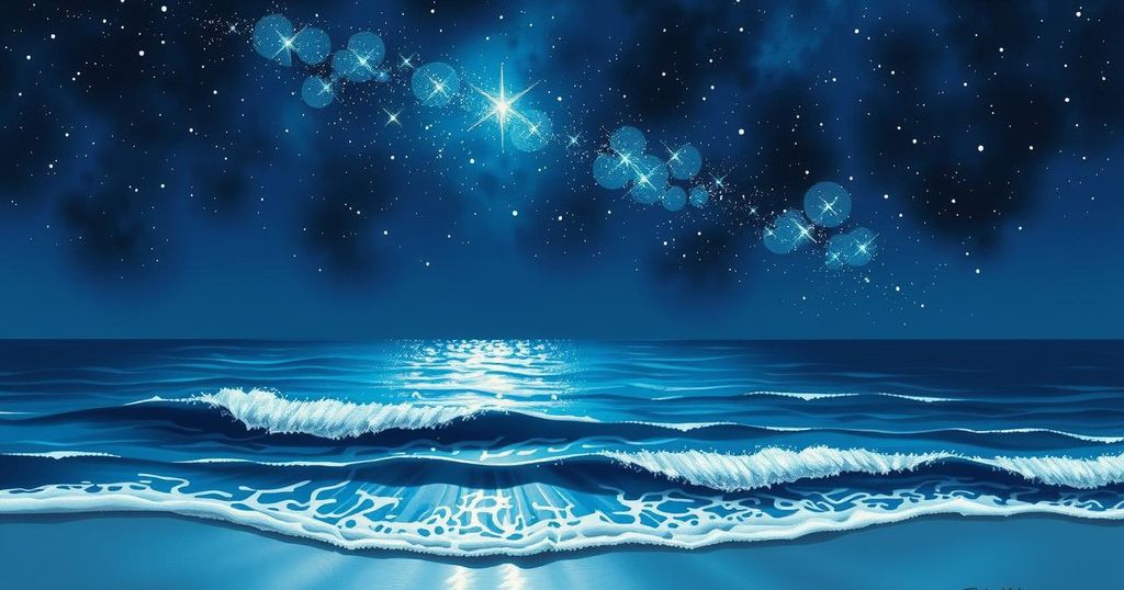A mystical scene depicting a serene night sky with twinkling stars and a deep blue ocean, symbolizing creativity and connection.