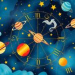 Celestial design featuring zodiac symbols and celestial bodies in vibrant colours for a weekly horoscope theme.