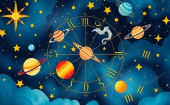 Celestial design featuring zodiac symbols and celestial bodies in vibrant colours for a weekly horoscope theme.