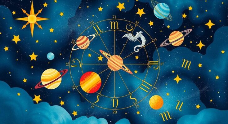 Celestial design featuring zodiac symbols and celestial bodies in vibrant colours for a weekly horoscope theme.