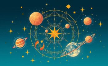 Celestial alignment with zodiac symbols and planets in a calming blue and gold colour scheme.