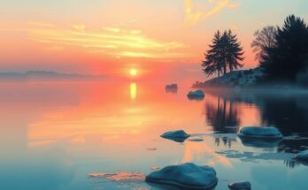 A serene scene featuring a calm sunset over a tranquil lake, embodying peace and happiness, with light pink hues.