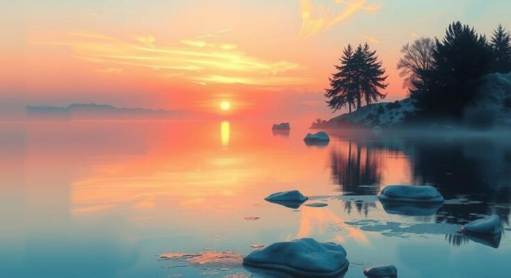 A serene scene featuring a calm sunset over a tranquil lake, embodying peace and happiness, with light pink hues.