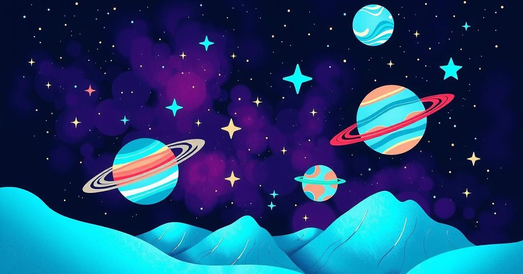 A cosmic scene with vibrant planets, symbolising astrology, turquoise and violet hues entwined for a celestial feel.
