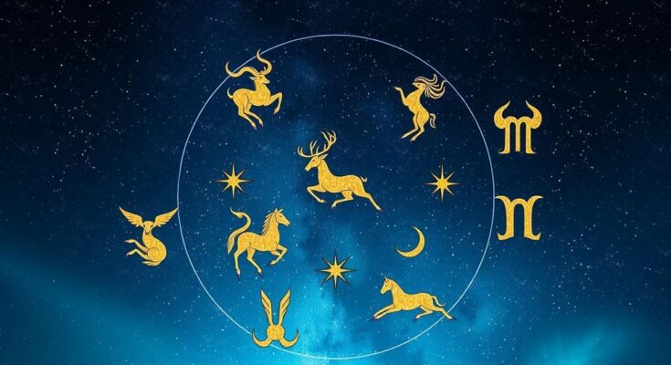 Astrological symbols representing zodiac signs in a harmonious starry night background.
