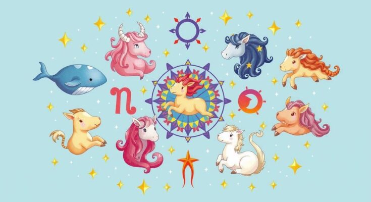 Colourful zodiac illustrations with astrological symbols representing positivity and inspiration for each sign