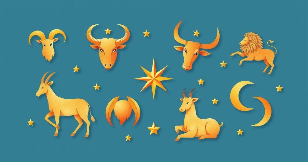 A collection of zodiac symbols in vibrant colours illustrating daily horoscopes for each sign.