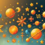 Astrological symbols and celestial elements arranged in a whimsical style with warm colour tones