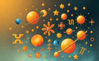 Astrological symbols and celestial elements arranged in a whimsical style with warm colour tones