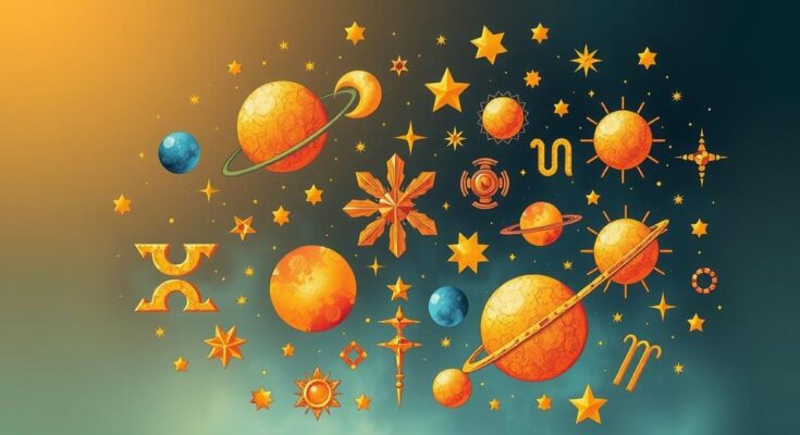 Astrological symbols and celestial elements arranged in a whimsical style with warm colour tones