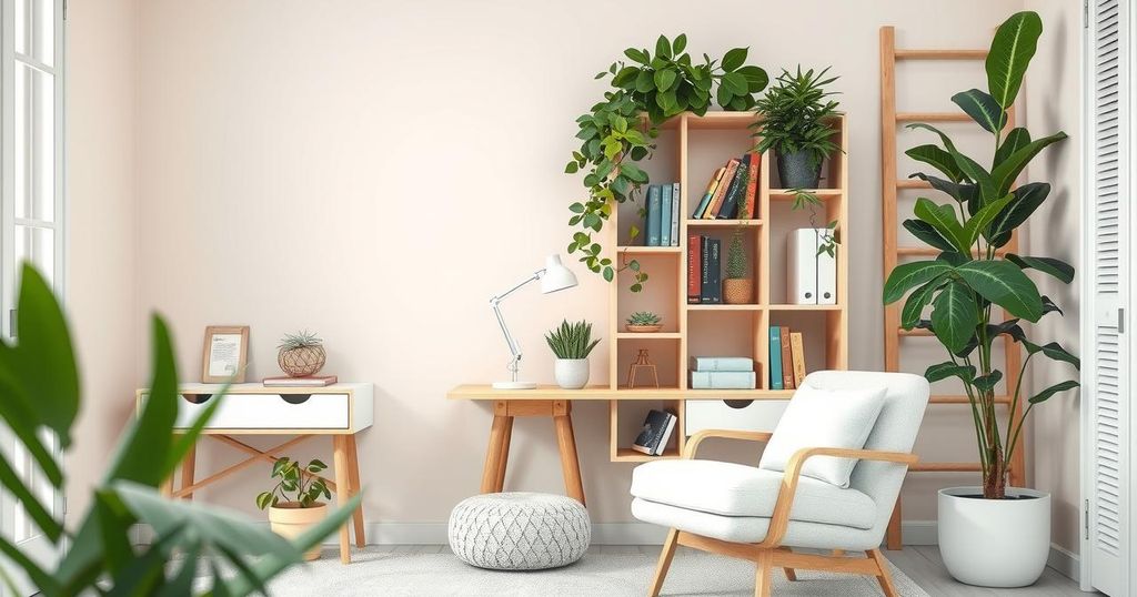 A serene interior with plants, books, and a comfortable workspace, reflecting balance and calm energy.