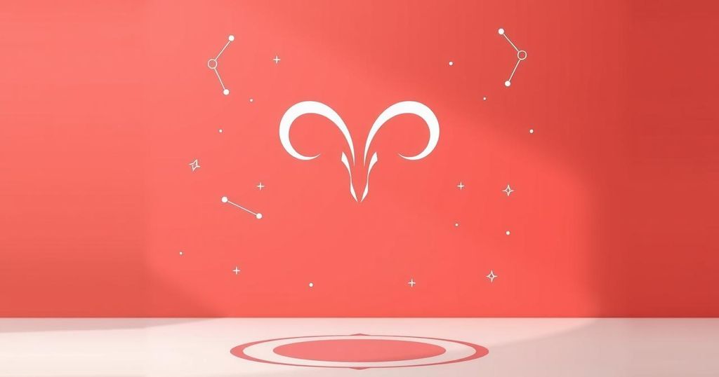 Astrological symbol representing Aries, featuring astrological motifs and a calming red colour scheme.