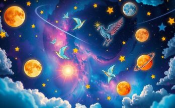 A vibrant cosmic scene depicting the zodiac signs in a dreamy night sky with colourful celestial bodies.