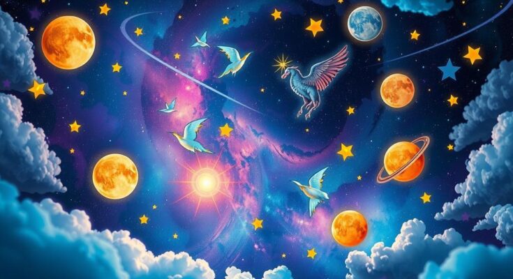 A vibrant cosmic scene depicting the zodiac signs in a dreamy night sky with colourful celestial bodies.