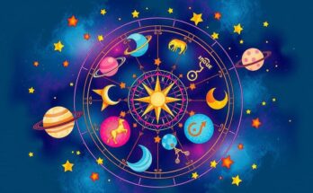 Astrological symbols surrounded by celestial elements in a vibrant colour scheme, embodying horoscope themes.