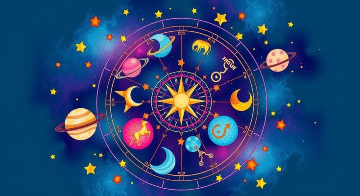 Astrological symbols surrounded by celestial elements in a vibrant colour scheme, embodying horoscope themes.