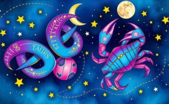 Astrological symbols representing Taurus and Cancer with cosmic elements and vibrant colours.