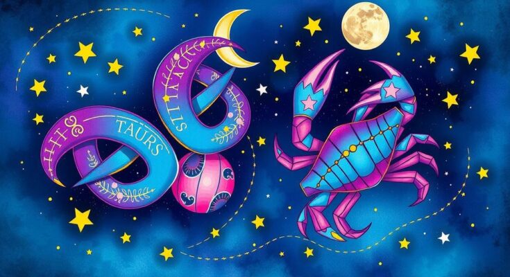 Astrological symbols representing Taurus and Cancer with cosmic elements and vibrant colours.