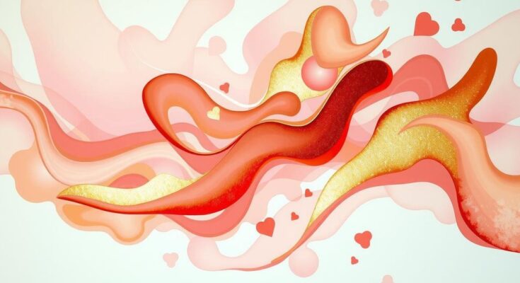 A colourful abstract representation of romance and creativity with soft shapes and warm hues.