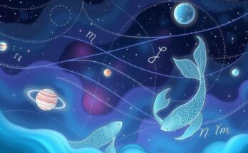 Astrological symbols in a starry night sky with a dreamy Pisces essence and shades of blue and purple.