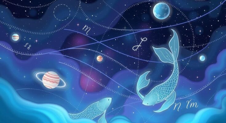 Astrological symbols in a starry night sky with a dreamy Pisces essence and shades of blue and purple.