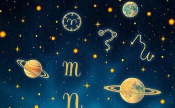 Astrological symbols with zodiac signs on a starry background representing positive horoscopes for select signs.