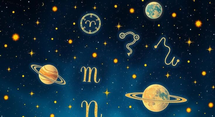 Astrological symbols with zodiac signs on a starry background representing positive horoscopes for select signs.