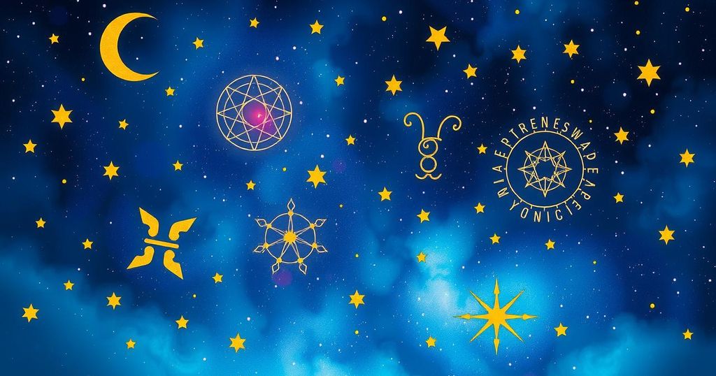 Astrological symbols over a starry sky, with vibrant colours reflecting emotional renewal and self-discovery.